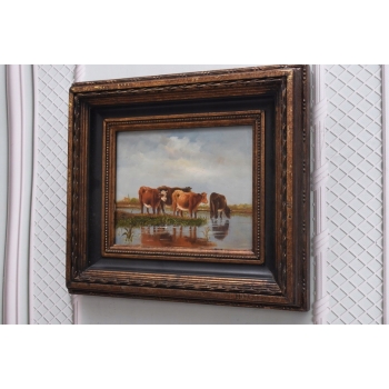 Krowy nad rzeką przy wodopoju KROWA - LATO WIEŚ - Obraz Olejny - Złota Rama