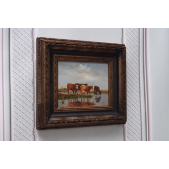 Krowy nad rzeką przy wodopoju KROWA - LATO WIEŚ - Obraz Olejny - Złota Rama