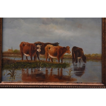 Krowy nad rzeką przy wodopoju KROWA - LATO WIEŚ - Obraz Olejny - Złota Rama