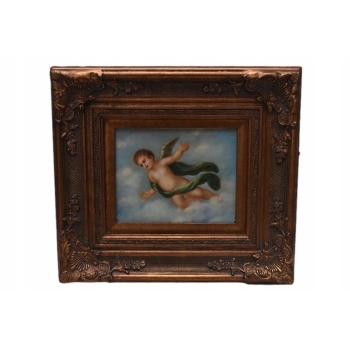 Latający Anioł Amor - Obraz Olejny - Złota Rama - Olej drewno Rękodzieło