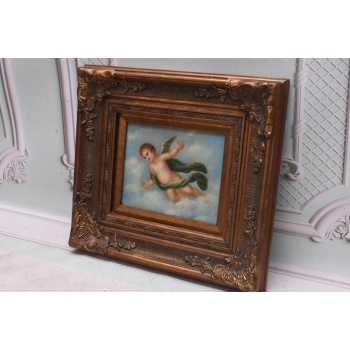 Latający Anioł Amor - Obraz Olejny - Złota Rama - Olej drewno Rękodzieło