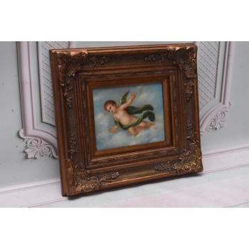 Latający Anioł Amor - Obraz Olejny - Złota Rama - Olej drewno Rękodzieło