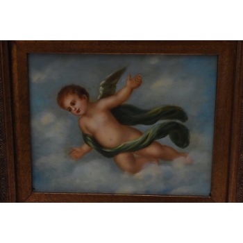 Latający Anioł Amor - Obraz Olejny - Złota Rama - Olej drewno Rękodzieło