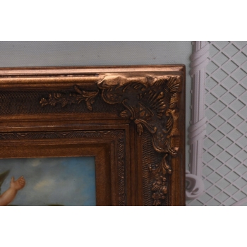 Latający Anioł Amor - Obraz Olejny - Złota Rama - Olej drewno Rękodzieło