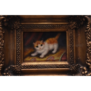 Kot Kotek Miniatura - Obraz Olejny - Złota Rama