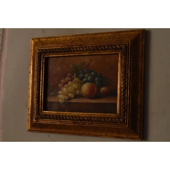 Owoce na Stole - Martwa Natura - Obraz Olejny Rama Złoto Zielona