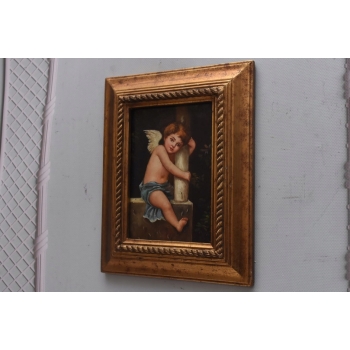 Zamyślony Anioł Amor - Obraz Olejny - Złota Rama - Olej drewno Rękodzieło