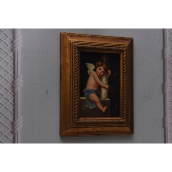 Zamyślony Anioł Amor - Obraz Olejny - Złota Rama - Olej drewno Rękodzieło