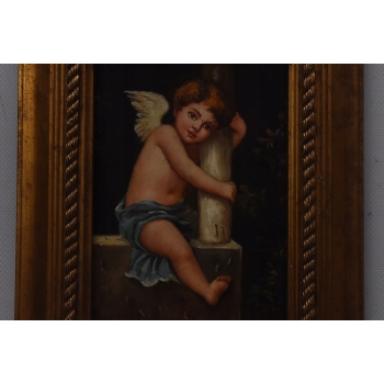 Zamyślony Anioł Amor - Obraz Olejny - Złota Rama - Olej drewno Rękodzieło