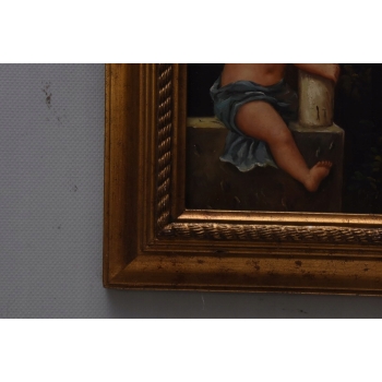 Zamyślony Anioł Amor - Obraz Olejny - Złota Rama - Olej drewno Rękodzieło