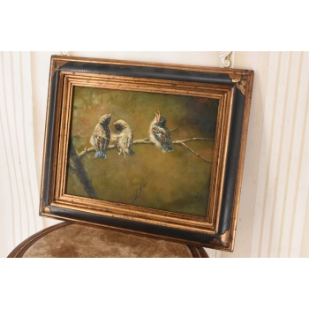 Wróble Na Gałęzi - Ptaki Ptaszki - Obraz Złoto Czarna Rama - Natura