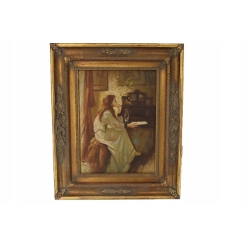 Portret Zamyślonej Dziewczyny - Kobieta w Sypialni Obraz Olejny Złota Rama