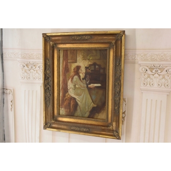 Portret Zamyślonej Dziewczyny - Kobieta w Sypialni Obraz Olejny Złota Rama