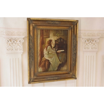 Portret Zamyślonej Dziewczyny - Kobieta w Sypialni Obraz Olejny Złota Rama