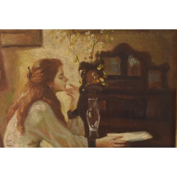 Portret Zamyślonej Dziewczyny - Kobieta w Sypialni Obraz Olejny Złota Rama