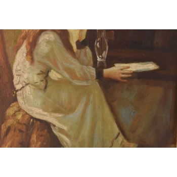 Portret Zamyślonej Dziewczyny - Kobieta w Sypialni Obraz Olejny Złota Rama