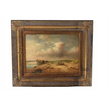 Okręt Na Brzegu Morza - Statek Łódź - Marynistyczny Obraz - Zdobiona Rama