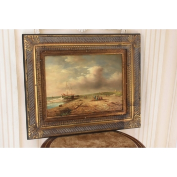 Okręt Na Brzegu Morza - Statek Łódź - Marynistyczny Obraz - Zdobiona Rama