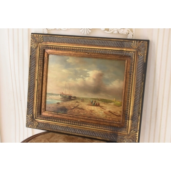Okręt Na Brzegu Morza - Statek Łódź - Marynistyczny Obraz - Zdobiona Rama