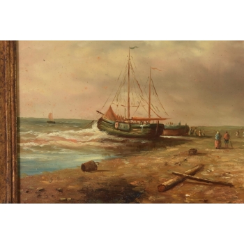 Okręt Na Brzegu Morza - Statek Łódź - Marynistyczny Obraz - Zdobiona Rama
