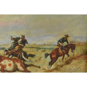 Kowboje Polujący na Byka - Rodeo Kowboj - Obraz Olejny - Zdobiona Rama