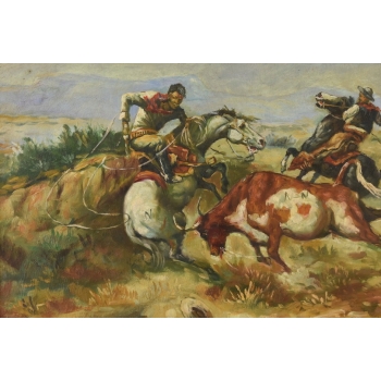 Kowboje Polujący na Byka - Rodeo Kowboj - Obraz Olejny - Zdobiona Rama