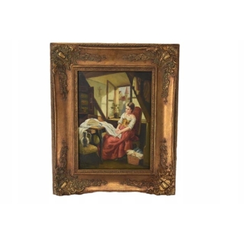 Portret Siedzącej Zamyślonej Kobiety - Dziewczyna - Obraz Olejny Złota Rama