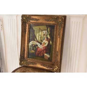 Portret Siedzącej Zamyślonej Kobiety - Dziewczyna - Obraz Olejny Złota Rama