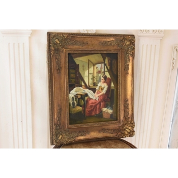 Portret Siedzącej Zamyślonej Kobiety - Dziewczyna - Obraz Olejny Złota Rama