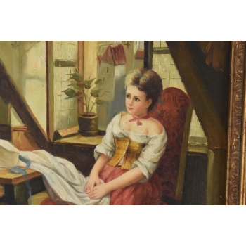 Portret Siedzącej Zamyślonej Kobiety - Dziewczyna - Obraz Olejny Złota Rama