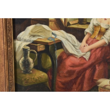 Portret Siedzącej Zamyślonej Kobiety - Dziewczyna - Obraz Olejny Złota Rama