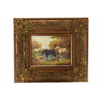 Stado Koni Przy Rzece - Konie Kaczki - Scena Rodzajowa - Obraz Olejny