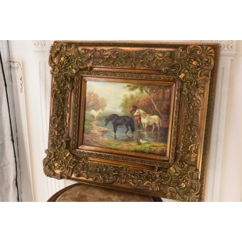 Stado Koni Przy Rzece - Konie Kaczki - Scena Rodzajowa - Obraz Olejny