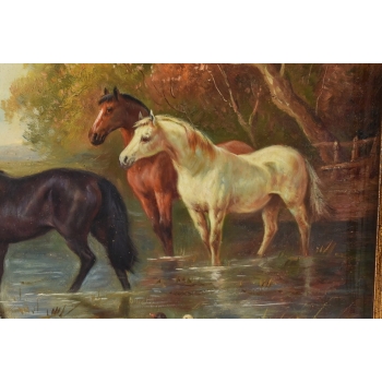 Stado Koni Przy Rzece - Konie Kaczki - Scena Rodzajowa - Obraz Olejny