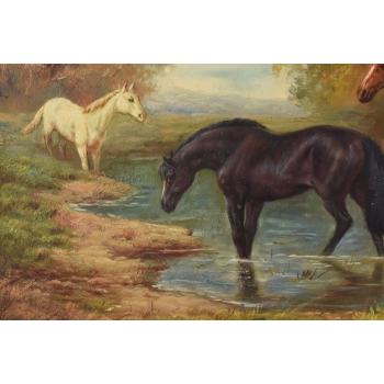 Stado Koni Przy Rzece - Konie Kaczki - Scena Rodzajowa - Obraz Olejny