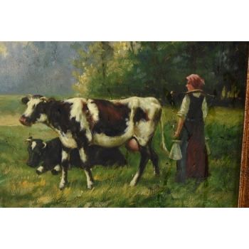 Kobieta ze Stadem Krów Na Pastwisku - Krowy Krowa - Scena Rodzajowa - Obraz