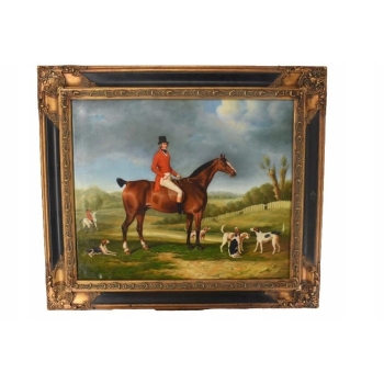 Jeździec Na Koniu z Psami Myśliwskimi - Dżokej - Obraz Olejny Na Płótnie