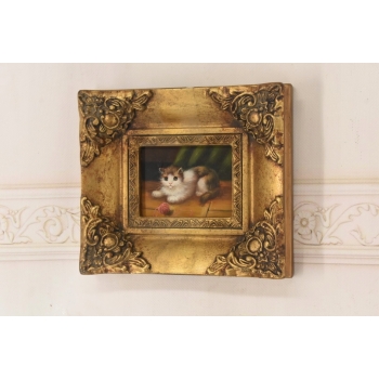 Mały Biało Brązowy Kotek - Kot Kocur - Obraz Olejny - Złota Rama
