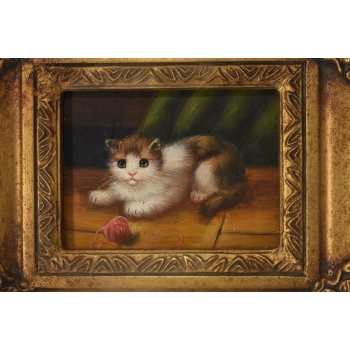 Mały Biało Brązowy Kotek - Kot Kocur - Obraz Olejny - Złota Rama