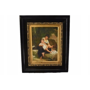 Matka z Córką - Rodzina - Obraz Olejny - Piękna Złoto Czarna Rama