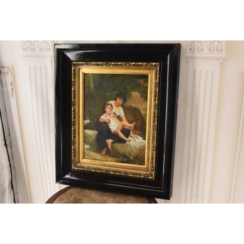 Matka z Córką - Rodzina - Obraz Olejny - Piękna Złoto Czarna Rama