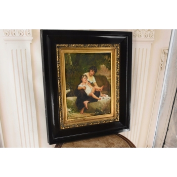 Matka z Córką - Rodzina - Obraz Olejny - Piękna Złoto Czarna Rama