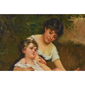 Matka z Córką - Rodzina - Obraz Olejny - Piękna Złoto Czarna Rama