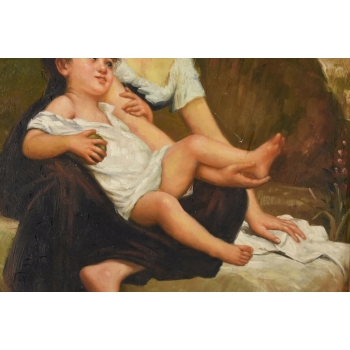 Matka z Córką - Rodzina - Obraz Olejny - Piękna Złoto Czarna Rama