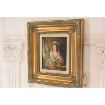Portret Kobiety z Koszem Kwiatów - Kobieta - Obraz Olejny - Złota Rama