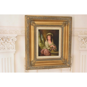 Portret Kobiety z Koszem Kwiatów - Kobieta - Obraz Olejny - Złota Rama