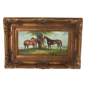 Konie Na Pastwisku - Koniki Przy Drzewie - Koń Scena Rodzajowa Obraz Olejny