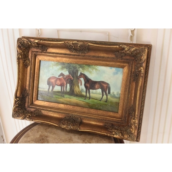 Konie Na Pastwisku - Koniki Przy Drzewie - Koń Scena Rodzajowa Obraz Olejny