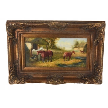 Stado Koni Przy Stajni - Konie Koniki - Koń Scena Rodzajowa Obraz Olejny