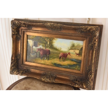 Stado Koni Przy Stajni - Konie Koniki - Koń Scena Rodzajowa Obraz Olejny